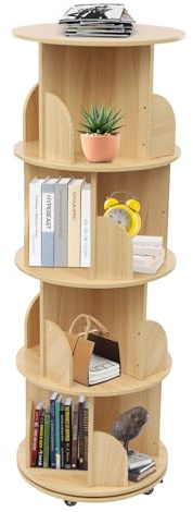XUEMANSHOP Drehbares Bücherregal, 4 Ebenen 16 Fächer Drehregal, 360° frei drehbar, Jede Ebene Tragfähigkeit 50kg, für Wohnzimmer, Balkon, Kinderzimmer, 46x130cm