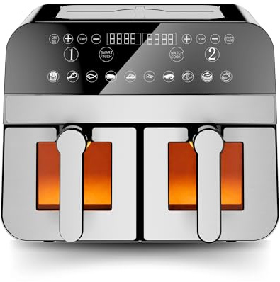 Comfy Nest, CNAFD45WS, Friteuse à air chaud, Air Fryer, numérique double panier 2400W avec fenêtre 9L, cuisson saine et rapide, design moderne, idéale pour toute cuisine - Gris
