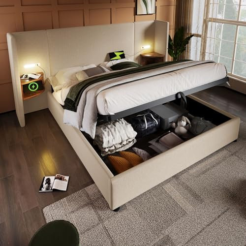 Polsterbett Doppelbett 180×200 mit Nachttisch, Leselampe und USB Type-C Ladefunktion, Bettanlage Stauraumbett Bettgestell mit Lattenrost aus Massivholz und Metall, Beige, Leinen(Ohne Matratze)