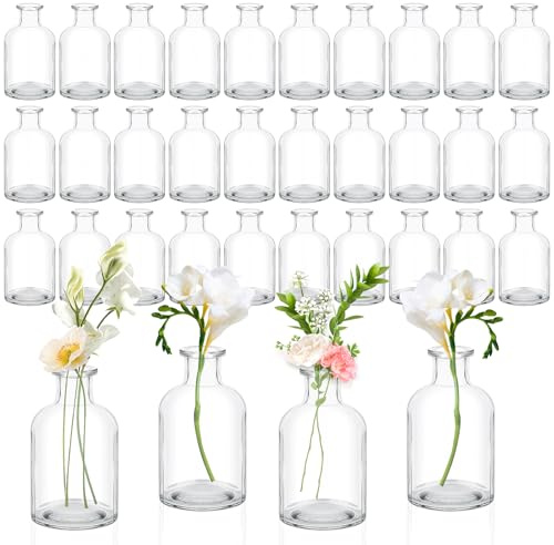 30er Set Glasvase Klein, 120ml Mini Vasen Table Flower Vase,10.5cm Hoch Blumenvasen, Vase Deko, Kleine Vasen für Tischdeko Zuhause Hochzeiten Geburtstage Feste, Spülmaschinenfest