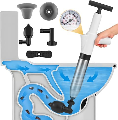 Gxpjycfob Toilet Unblocker Heavy Duty, High Pressure Toilet Plunger for Unblocking, Sink Plunger with 4 Replaceable Heads, Air Sink Unblocker Tools for Kitchen Bathroom Floor Drain Pipe Clog (White)