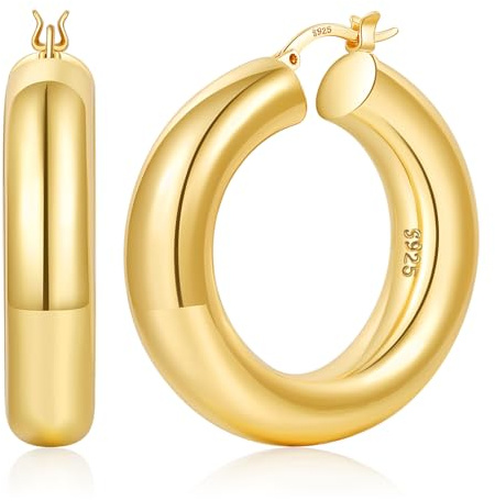 YOUNGYUE Orecchini a cerchio in oro massiccio da 8 mm ipoallergenici in argento sterling 925 leggeri placcati in oro vero 14K spessi per donna 30/40/50 mm
