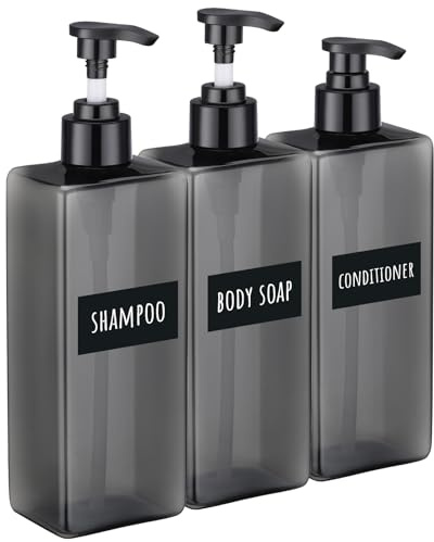 Segbeauty Seifenspender Grau, 3 Stück 500 ml Pumpspender mit Wasserdichtes Etiketten, für Badezimmer, Shampoo Spülmittelspender zum Befüllen, Badezimmer Accessoires