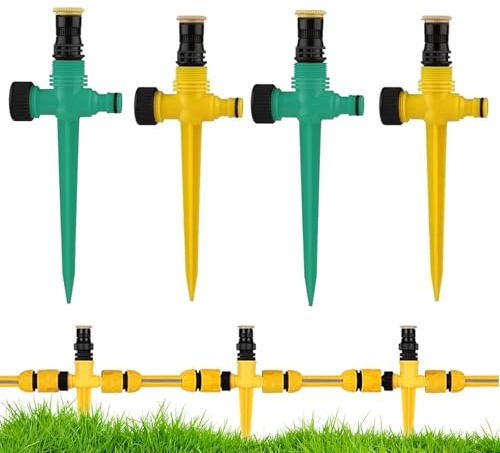 Rasensprenger Garden, 4 Stück 360° Drehbarer Gartensprenger für 1/2, 1/4 Bewässerungsschläuche, Rasensprinkler Spike, Gartenbewässerung für Garten Rasen Pflanzen Gemüse Blumen Pastorale (Gelb-1)