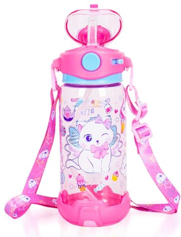 PinkSheep Barnvattenflaska med sugrör/snodd för barn, 650 ml/27 oz BPA-fri barn dricka vattenflaska ett klick-öppning läckagesäker låsning flip lock för skola sport resor (katt)