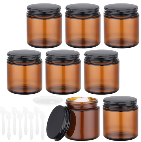 Segbeauty Lot de 8 pots de maquillage vides en verre ambré rechargeables avec doublures intérieures pour échantillon, 100 ml, réutilisables à large goulot avec couvercles pour cosmétiques, produits de