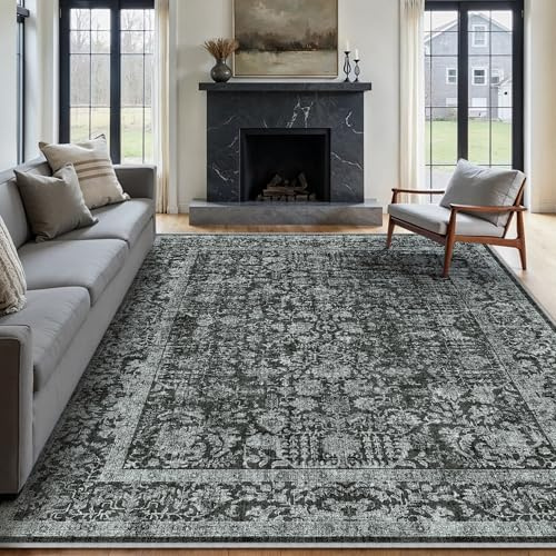 HUGEAR Tiefschwarz Vintage Teppich Wohnzimmer 240x300cm Waschbar