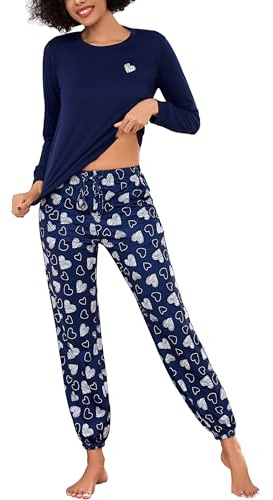 Bresdk Pyjamas Femme Hiver Ensembles de Pyjama Coton et Confortable Haut et Long pour la Maison et Le Sommeil 2 Pièces Marineblau L