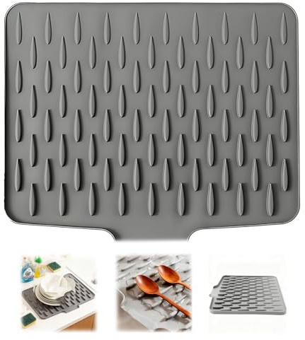 XHMAXE Silicone Dish Drying Mat for Kitchen Counter Grey Non-Slip | Fast-Draining, Heat-Resistant and Easy-to-Clean Mat for Drying Dishes, Fruit and Vegetables on Kitchen Counters