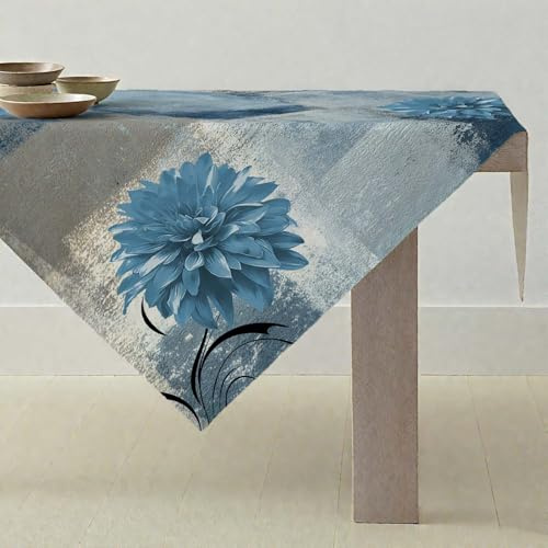 ViaElayu Tischdecke Blau Grau Retro Mitteldecke mit Blume Bauernhaus Tischdekoration Rustikales Ölgemälde Abwaschbar Klein Tischdecke Akzenttisch Dekoratives 85x85cm Tablecloth für Küche Urlaub
