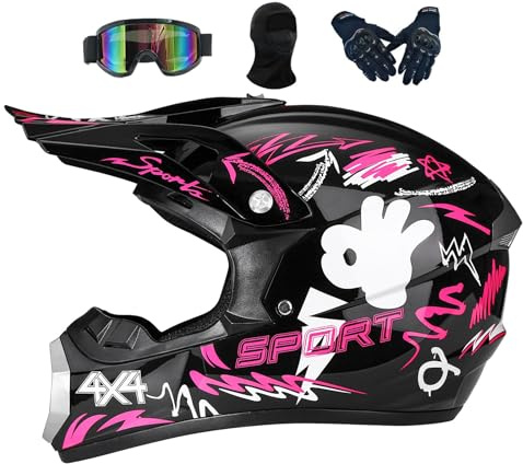 Crosshelm Kinder 5-15jährigen, MTB Downhill Motorradhelm, Mit Brillen Maske, Damen Herren Fullface Motocross Helm, Fürs Motocross Verwendet, Sondern Auch Für Quad ATV-Fahrten(Pink,XS(50-51CM))