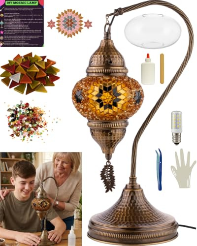 DEMMEX DIY Turkish Mosaic Table Lamp Kit – Make Your Own Lamp with Glass Mosaic Pieces & Tools – Antique Brass Base – No Grout Needed – Fun & Easy for All Ages and Skill Levels (Brown)