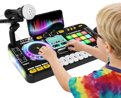 DJ Pult Kinder, DJ Controller, DJ Mischpult Kinder, DJ Mixer mit Aufnahmefunktion, Mikrofon, 100+ Soundeffekten, realistisches DJ Turntable & Drum Pads, Geschenk für Jungen Mädchen 3-11 Jahre, Schwarz