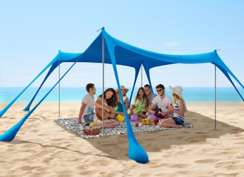 Tenda da Spiaggia Portatile Tents, Grande Tenda Mare Spiaggia UPF50+ Tenda Della Spiaggia di con 4 Pali, Pala, Picchetti e Borsa per il Trasporto per Campeggio, Pesca, 3x 3x 2M