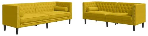 Qifoedo 2+3-Sitzer Chesterfield Sofa Set Gelb Samt mit Nackenrollen 174/194x74,5x70,5 cm Polstergarnitur klein kompakt für Wohnzimmer Büro