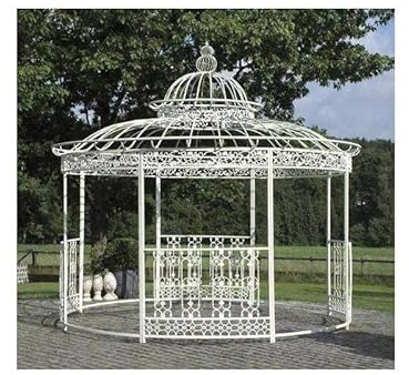 Großer Pavillon für den Garten, Pergola, rund, Gloriette aus Schmiedeeisen und Gusseisen, weiß, 340 x 370 x 370 cm