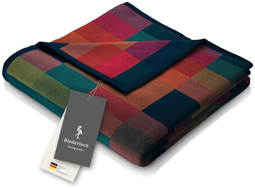 biederlack® flauschig-weiche Kuscheldecke aus Baumwollmischgewebe I Made in Germany I nachhaltig produziert I Bunte Wohndecke „Color Squares Blue“ in grün-blau I Öko-Tex I Sofa-Decke 150x200cm