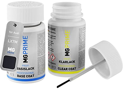 MG PRIME Autolack Lackstift für Audi LX7M / X7M / G3 Nanograu Metallic +1K | Nano Grey Metallic, Set aus Basislack + Klarlack, Lackfläschchen mit Pinsel, je 50ml