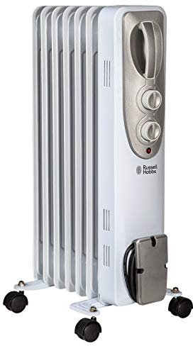 Russell Hobbs 1500W/1.5KW Oil Filled Radiator, 7 Fin Portable Electric Heater - White, Adjustable Thermostat with 3 Heat Settings, Safety Cut-off, 15 m sq Room Size, RHOFR5001, 2 Year Guarantee