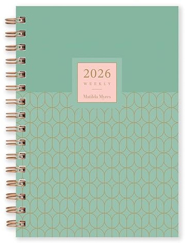 Matilda Myres Terminplaner 2026 – A5-Wochenlayout – Januar bis Dezember – Hardcover-Einband – Spiralbindung – personalisierte Version – liegt beim Schreiben flach – Salbeigrün
