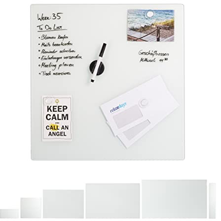 Relaxdays Magnettafel Glas, 50x50 cm, 3 Magneten, Marker, Stiftehalter, Büro & Küche, Sicherheitsglas Magnetboard, weiß