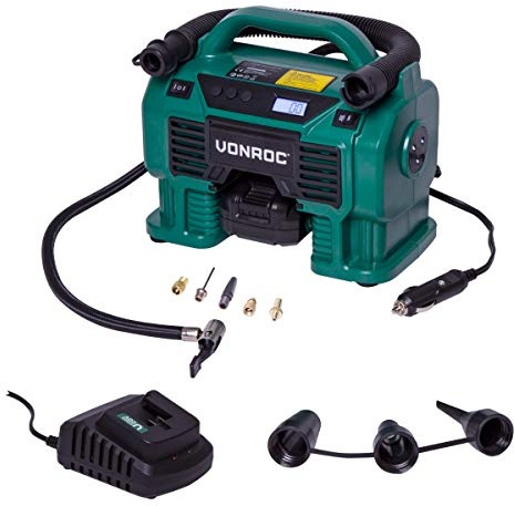 VONROC VPower Akku Kompressor 20V und Zigarettenanzünder 12V VPower - 11 bar - 2.0Ah Akku, Ladegerät - 5 Adapter, 2 Reduzierringe und Ventil inklusive