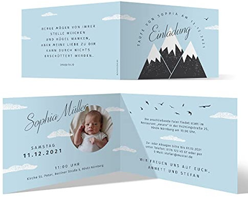 10 x Einladungskarten zur Taufe - Text und Foto einfach individuell selbst gestalten DIN A6 Klappkarten für Mädchen oder Jungen - Blaue Berge