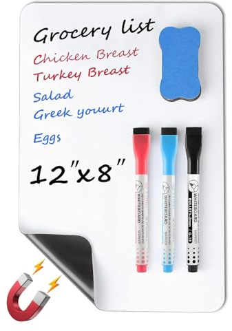 MaxGear Small Magnetic Dry Erase Board Sheet for Refrigerator, Fridge Whiteboard for Kitchen, 12x8 White Board Organizer and Planner with Stain Resistant Technology, Include 1 Eraser, 3 Markers