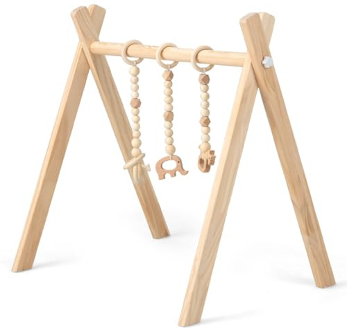 DREAMADE Spieltrapez aus Holz, Motorikspielzeug für Babys, Spielbogen mit 3 Spielzeugringe & 2 Kleinen Tiermodellen, Aktivitätszentrum mit Dreieckigen Struktur, für Kinderzimmer (Natur)