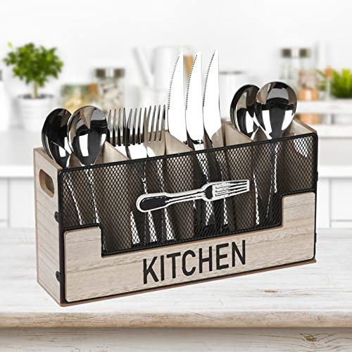 JUJOYBD Porte-couverts en bois 4 compartiments, rangement à couverts pour table, rangement décoratif pour couverts, panier à couverts, porte-ustensiles de cuisine pour fourchettes, couteaux
