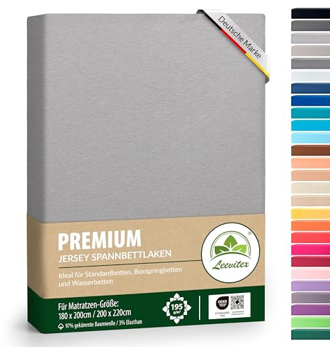 Premium Spannbettlaken, extra schwer und dick, 97% Mako-Jersey-Baumwolle und 3% Elasthan, auch Boxspringbett geeignet, 180 x 200-200 x 220 cm, Grau