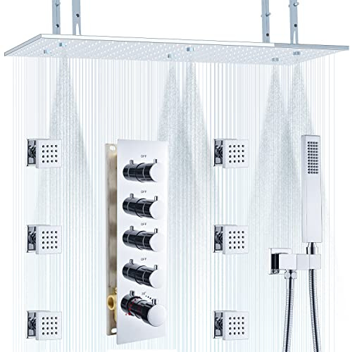 HOMEDEC Ceiling Rainfall Shower System, 2 in 1 Large Mist Rain Shower with Thermostatic Mixer Valve Kit, 31.5inch Chrome Luxury Bathroom Faucet Sets Complete