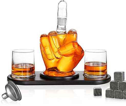 6-TLG Whisky-Set Mittelfinger Dekanter - Geschenke für Männer, Man - 1xKaraffe 1000 ml, 2x Whiskygläser 300 ml, 1x Tablett, 6x Kühlwürfel, 1x Trichter - für Geburtstag, Weihnachten