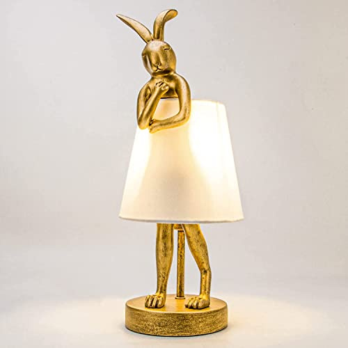 Animal Rabbit Lampe Tischleuchte Hase Gold Schöne Tischlampe in Hasen Form Schlafzimmer Nachttischlampe Lampenschirm aus Stoff in Weiß Kreatives Deko Nachtlicht E27 Schreibtischlampe Retro