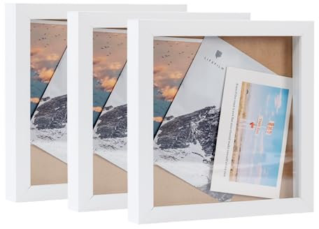 Muzilife 8x8 Shadow Box Picture Frame 3-Pack Wood 3D Picture Frame with Glass Cover Display Case for Medals, Wedding Memories, Tickets, and Photos, White