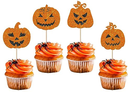24 Stück Halloween Kürbis Tortendeko Glitzer Kürbis Allerheiligen Kuchen Deko Pumpkin Halloween Cupcake Toppers für Baby Dusche Fledermäuse Halloween Geburtstag Herbst Cupcake Dekorationen Party