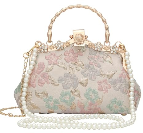 YeBon Bright Relief Flower Womens Clutch Kiss Lock Evening Bag för bröllop Party bal med remmar pärlor