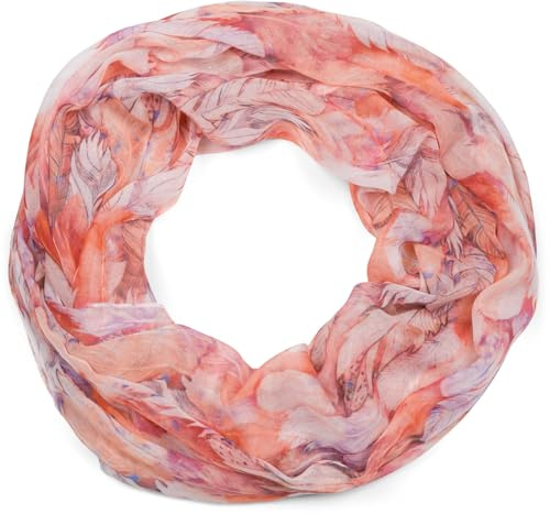 styleBREAKER Damen Loop Schal mit buntem Feder Muster, leichter sommerlicher Boho Schlauchschal mehrfarbig 01016239, Farbe:Orange-Rot