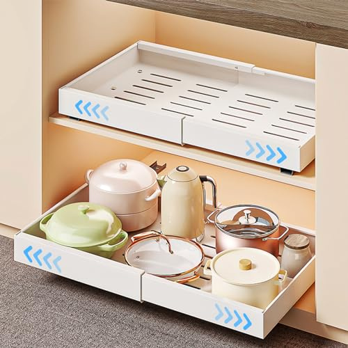 2 Stück Weiß Teleskopschublade Ausziehbare Küche Schublade, Breite 32-48 cm | 42cm Tiefe Mit Selbstklebende Auszugschienen Ohne Bohren für Die Nachrüsten Und Organizer Von Schrank, Küchenschrank