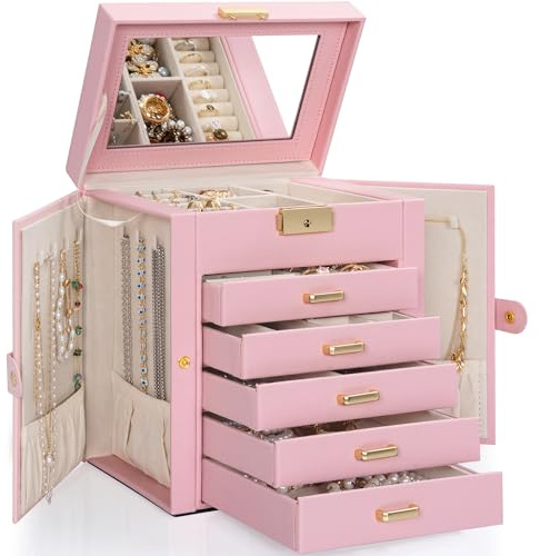 TORIBIO Große Schmuckschatulle für Damen, Leder-Schmuck-Organizer mit Spiegel und Schloss, 6-stöckige Schmuck-Aufbewahrungsbox für Mädchen/Frauen/Mütter, für Halsketten, Ohrringe, Armbänder, Halter