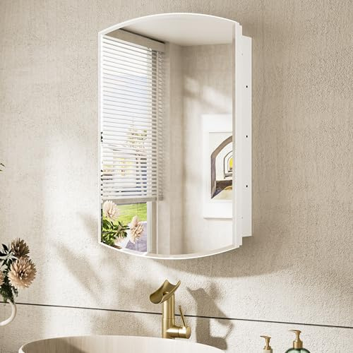 TokeShimi 16 x 26 Oval Bathroom Medicine Cabinet with Mirror Beveled, White Arched Medicine Cabinet with Mirrored, Recessed or in Wall Mirror with Storage Metal Modern