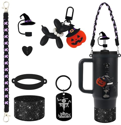 BELSITA Stanley - Juego de accesorios para tazas – Correa de mango de botella de agua con diseño trenzado de cadena de perro negro, bota de silicona con purpurina, dijes para secadora de 30/40 onzas
