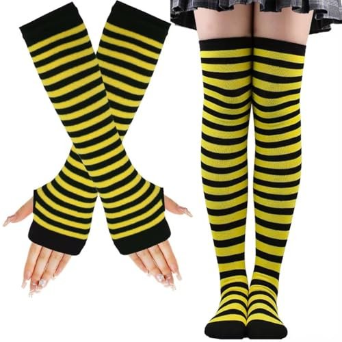 LUKIUP Women's Socks, Striped Warm Fingerless Gloves, Knee-High Socks Set, Girls Ladies Extra Long Socks for Halloween, Cosplay, Striped Long Socks, Yellow/black, Gelb/Schwarz