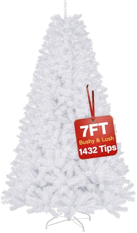 7ft White Artificial Christmas Tree – Premium Bushy Xmas Tree with 1432 Branch Tips, Full Dense Fake Silver Pine Tree Easy to Assemble, Indoor Holiday Decoration with Metal Stand