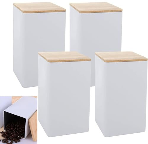 GBACHOOSE Vorratsdosen für Tee, Kaffee, Zucker, Metall, mit Bambusdeckel, 15 x 8,5 x 8,5 cm, für Tee, Zucker, Kaffee, Kaffeebohnen, Granulat, Teebeutel, Zucker, Weiß, 4 Stück