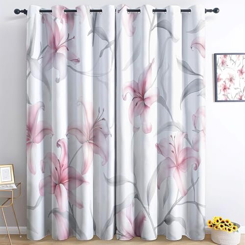 Srigzcaly Rosa Lilie Blumen Thermo isolierte Ösen Vorhänge, Waschbarer Polyester Vorhang, 183x214cm(BxH) für Kinderzimmer & WohnzimmerWeiß