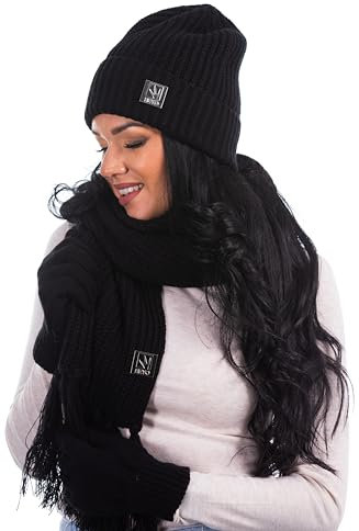 HEYO Damen Mütze Schal Handschuhe Set für Winter, Beanie Strickmütze warm, Winterschal mit Fransen HZ0015 (Schwarz)