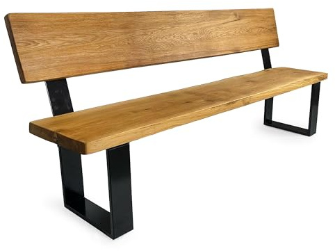 H. Pawlik GmbH Sitzbank Woodhood, aus Massivholz Eiche und einem stabilen Stahlgestell, Holzbank mit Rückenlehne, geölt für Innen und Außen (200 cm breit)