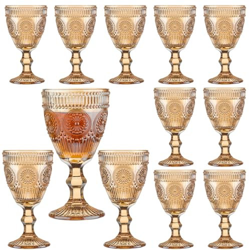 12 copas de vino vintage, copas de agua de vidrio de colores de 10 onzas, patrón único de flores en relieve, cristalería de tallo alto transparente, para boda, fiesta, bar, vasos de cristal, juego de