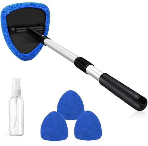 Car Cleaning Kit Windscreen Cleaner with 3 Reusable Microfiber Pads and Spray Bottle Multifunctional Car Window Cleaner with Expandable Handle for Auto Glass Cleaning